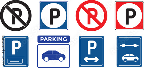 No Parking area icon set. Prohibited Car parking symbol. no parking signs on Transparent background. Set of diverse international parking and no parking road signs.
