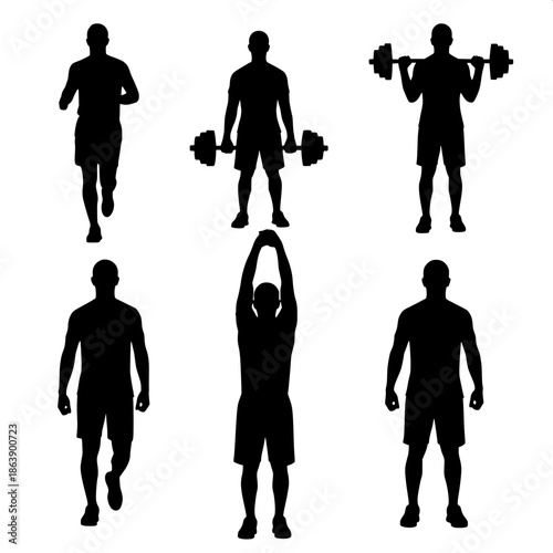 Vector-style fitness silhouette collection depicting bodyweight and strength exercises, clean and modern layout.