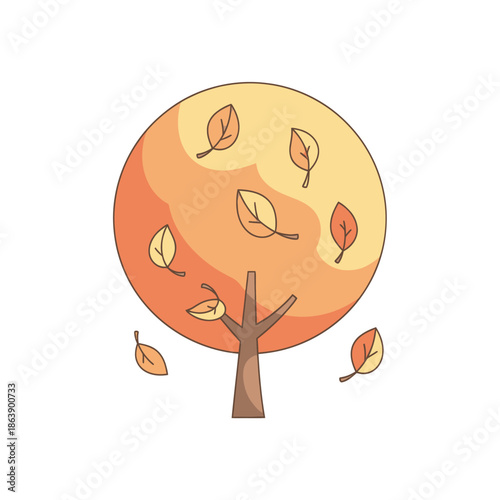 Autumn tree with falling leaves, warm colors, flat design, isolated on white background