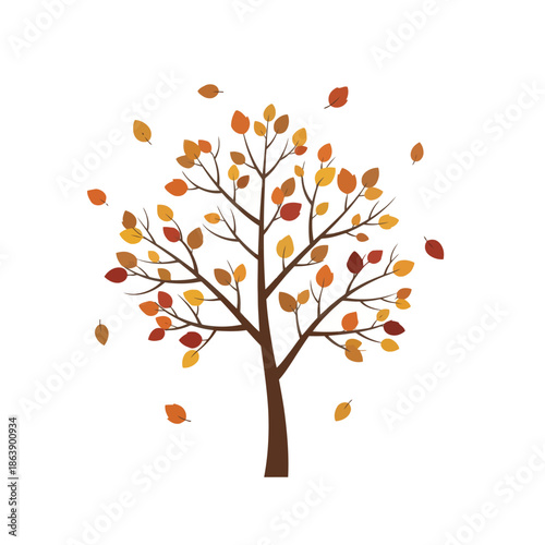 Autumn Tree with Falling Leaves - Seasonal Change, Vibrant Colors, Isolated on White