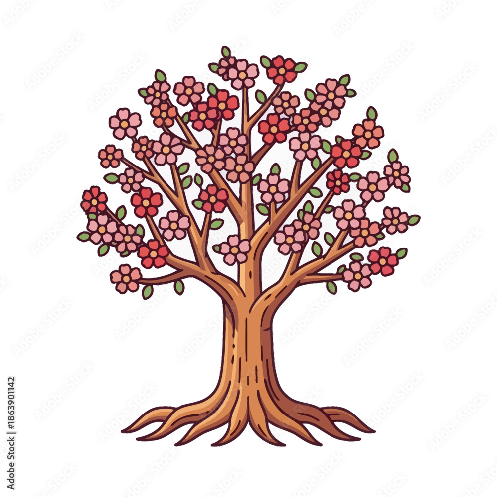 Fototapeta premium Spring Blooming Cherry Blossom Tree with Pink Flowers and Roots, Isolated on White Background
