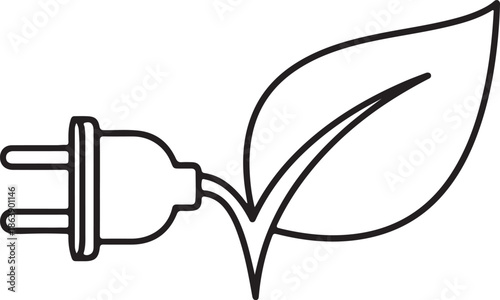 Eco-friendly green energy concept icon with electric plug and leaf line art.