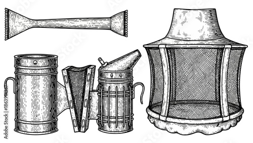 Detailed illustration of various industrial equipment and machinery components arranged in a collection