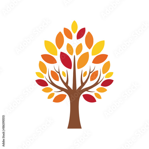 Autumn Tree Icon with Red, Orange, Yellow Leaves - Vector Illustration