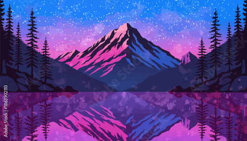 Vibrant mountain landscape with pink and purple hues at dusk