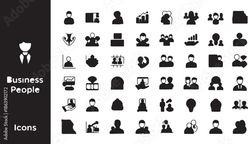 A comprehensive collection of 52 minimalist black silhouette icons representing diverse business people and corporate roles, ideal for professional design projects