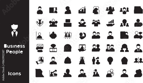 A comprehensive collection of 55 monochrome vector icons representing diverse business people, corporate roles, and human resources concepts for professional design projects