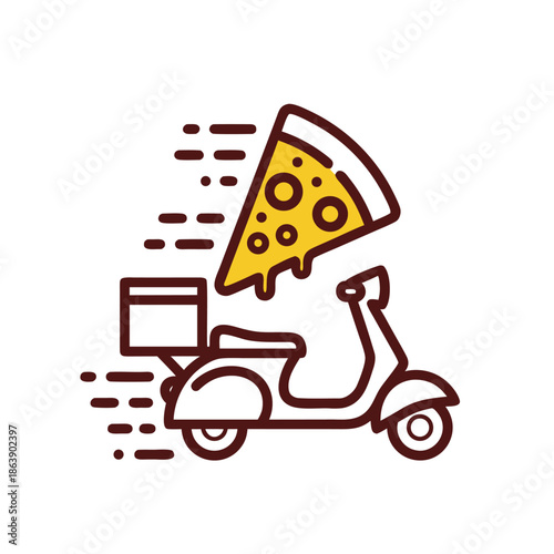 Vibrant vector graphic illustrating express food delivery, featuring a modern scooter quickly transporting a cheesy pizza slice, ideal for scalable digital assets