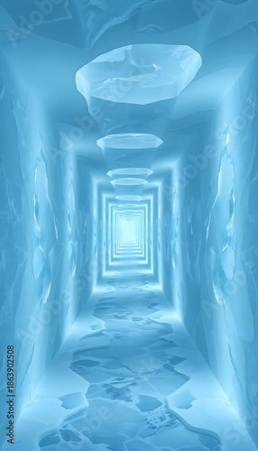 Ice tunnel with illuminated walls and icy ground in blue tones  