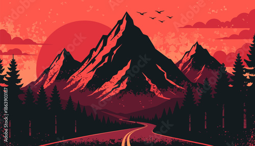 Vibrant mountain landscape with winding road at sunset