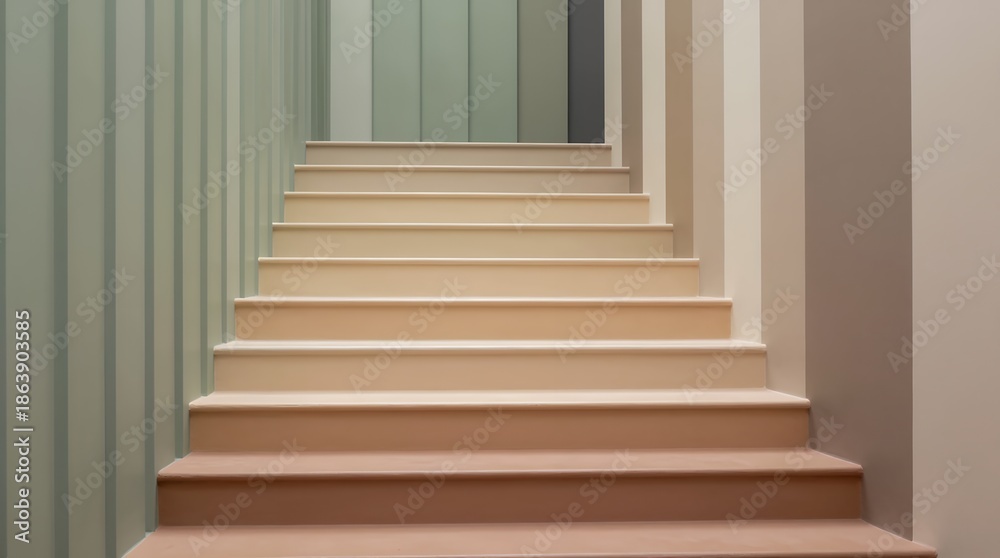 Fototapeta premium Soft pastel minimalist staircase with repeating geometric vertical wall panels
