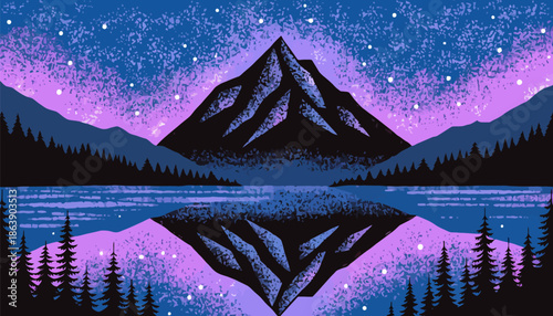 Stunning mountain landscape with starry night sky reflected in lake