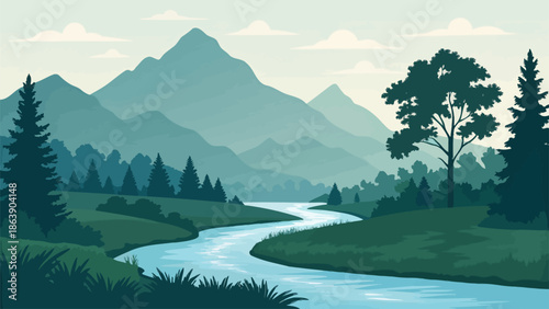 Serene mountain landscape with winding river and lush greenery