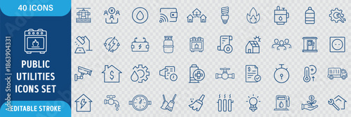 Public and Private Utilities Line Icon Set. Infrastructure, Energy, Water Supply, Electricity, Gas, Waste Management and Service Icons. Editable Outline Stroke. Vector Illustration