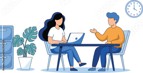 Office discussion, laptop interaction, professional meeting, workplace communication, seated colleagues, filing cabinet, wall clock, flat vector illustration