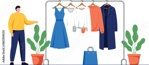 Person selecting clothes, fashion rack, stylish garments, shopping scene, wardrobe setup, retail display, flat vector illustration
