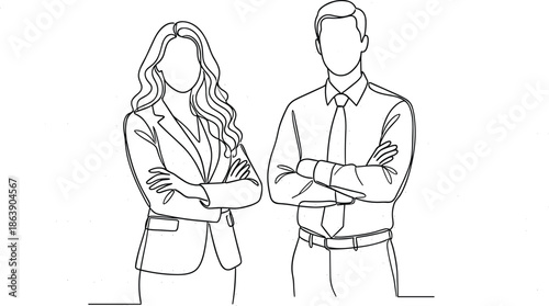 Professional duo in confident pose, black and white line art, business attire illustration, teamwork concept, flat vector illustration