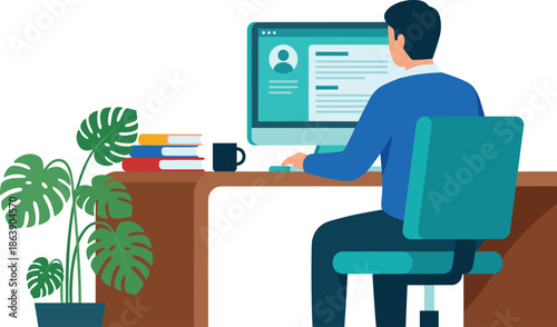 Remote work, desk setup, computer task, profile page, office chair, coffee mug, home office, flat vector illustration