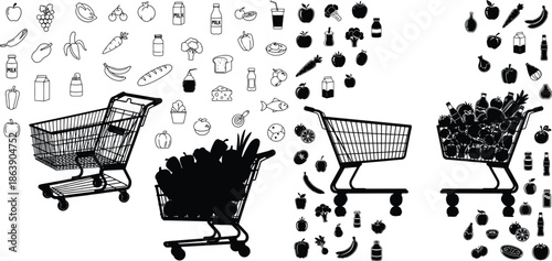 Holiday shopping bags silhouette set with assorted grocery items