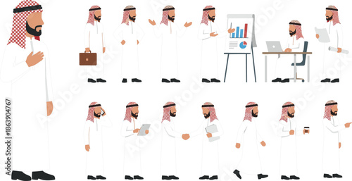 Middle Eastern businessman, office activity, keffiyeh attire, professional poses, business communication, corporate scenes, Arab culture, flat vector illustration