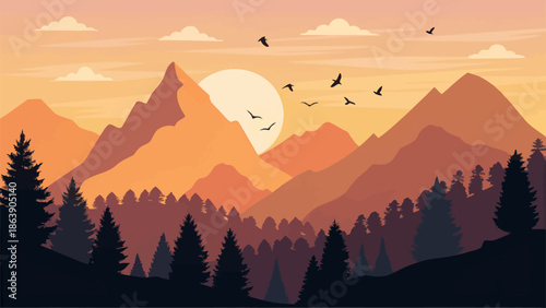 Serene mountain landscape at sunset with silhouetted trees and birds in flight