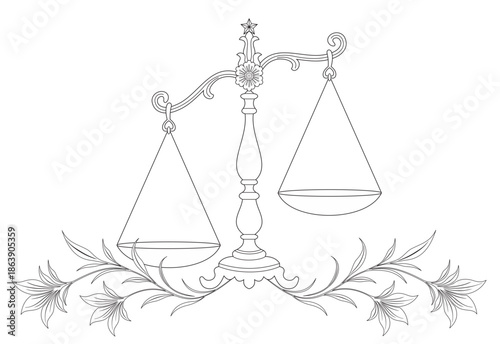 Illustration of an unbalanced scale with botanical floral decoration