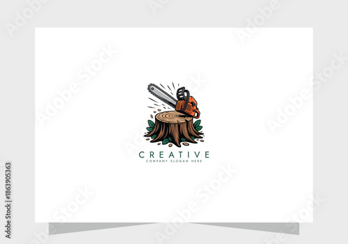chainsaw logo tool vector illustration logo design, Concept of woodworking industrial, chainsaw repair and wood cutting service.