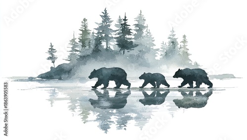 Three bears walking along a misty shoreline