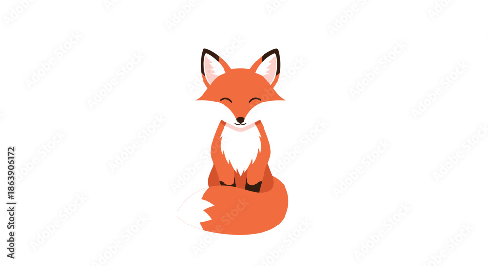 Obraz premium Adorable and calm red fox character sitting peacefully with its tail curled around its feet on a clean white background.