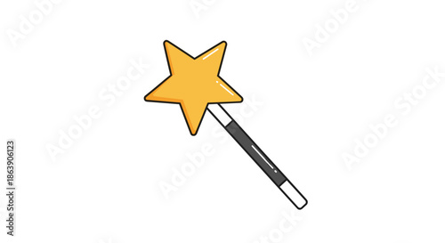 Magic wand with a bright yellow star on top and a classic black and white handle for wizard and fairy themes.