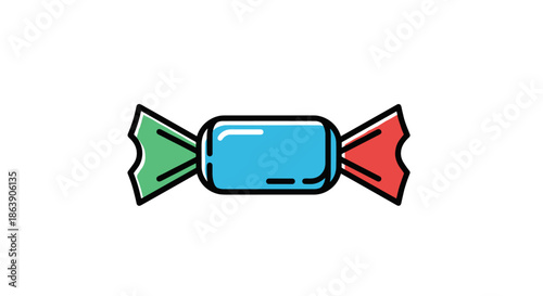Wrapped candy illustration featuring a bright blue center with green and red wrapper ends for colorful food icons.