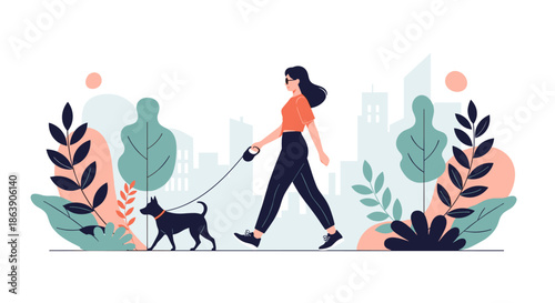 Woman walking her dog on a leash through a stylized city park with buildings and colorful autumn foliage in the background.