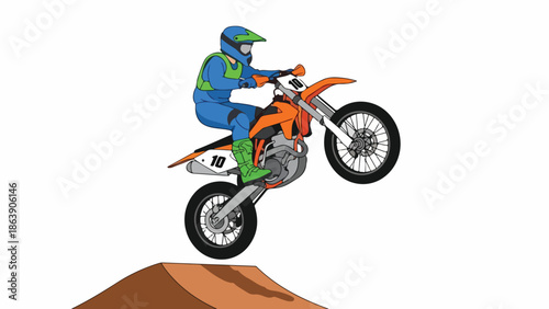 Dynamic illustration of a motocross rider performing a thrilling wheelie stunt on a dirt bike while launching off a jump on a white background, showcasing extreme sport action and high-flying skill