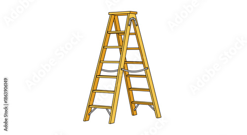 Sturdy wooden step ladder with multiple steps and metal safety supports shown from a slight perspective on a white background.