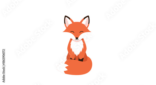 Adorable and calm red fox character sitting peacefully with its tail curled around its feet on a clean white background.