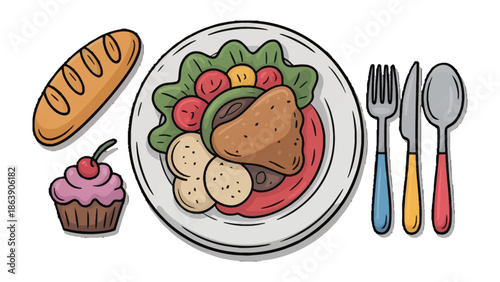 Culinary Arrangement: A beautifully presented plate features a delectable meal, alongside fresh bread, a sweet cupcake, and elegant silverware, promising a delightful dining experience.