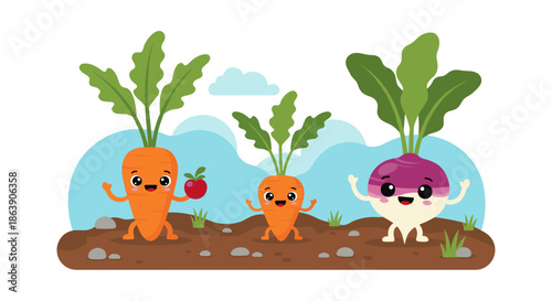 Happy cartoon carrot and turnip characters smiling in a garden soil bed with green sprouts and blue sky for children illustration projects.