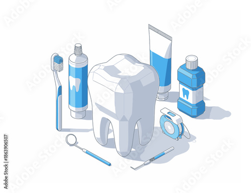 Modern Isometric 3D Dental Tooth Care Vector Illustration