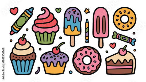 Delicious Dessert Array: A colorful illustration showcasing an assortment of delectable desserts, perfect for evoking a sense of sweet indulgence and visual delight.