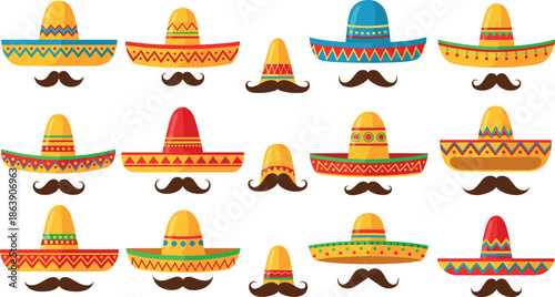Mexican sombrero hats with mustache icons collection vector illustration featuring colorful fiesta headwear symbols for Cinco de Mayo celebrations, parties, and cultural graphic designs