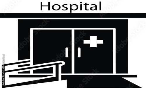 A black and white illustration of a hospital building entrance