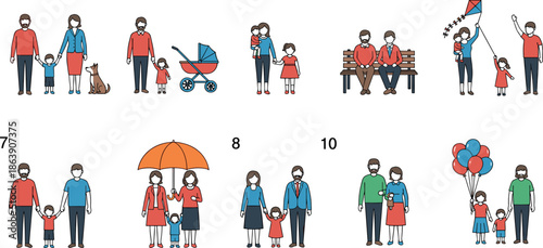 Family activities vector illustration set showing parents and children together walking resting playing outdoors and everyday life moments for parenting lifestyle and social concept design