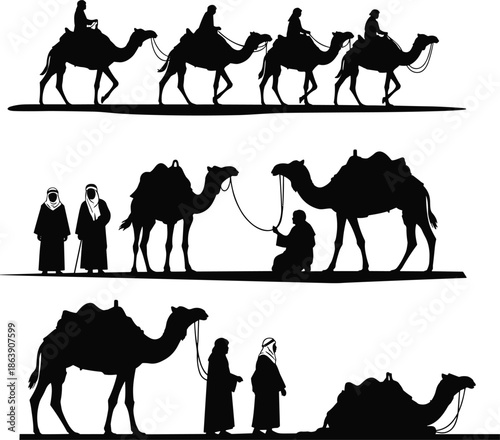 Camel caravan silhouette vector illustration, Middle Eastern desert travel, traditional nomadic scene, cultural journey design, flat black sketch