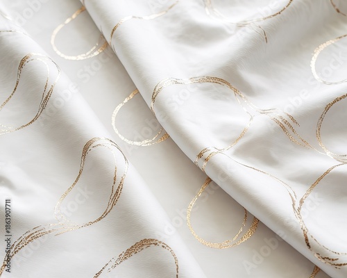 White Fabric with Gold Abstract Swirls and Heart Shapes Close Up textile golden