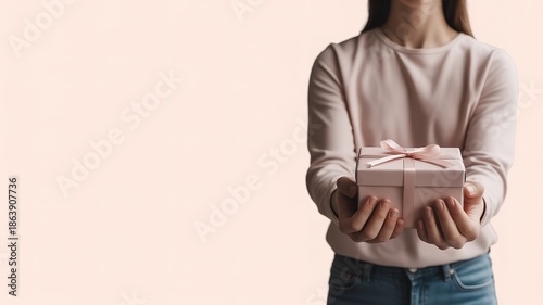 Woman holding a pink gift box with a ribbon on a light pink background present