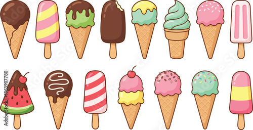 Colorful cartoon ice cream collection with cones and popsicles, cute hand drawn dessert illustrations isolated on white background