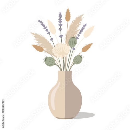 Boho Dried Flower Arrangement in Ceramic Vase - Pampas Grass, Lavender, Poppy Seed Pods