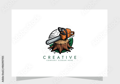 chainsaw logo tool vector illustration logo design, Concept of woodworking industrial, chainsaw repair and wood cutting service.