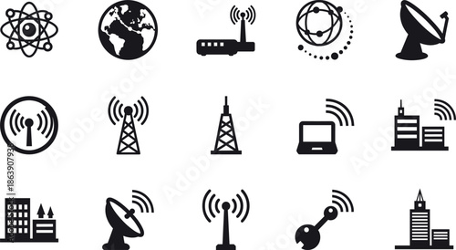 Wireless communication and technology icons vector set with antennas satellites networks and global connectivity symbols