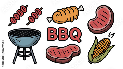 BBQ Feast: An illustrated display of barbecue elements, including grill, grilled meat, and corn. perfect for any outdoor eating or cuisine theme.